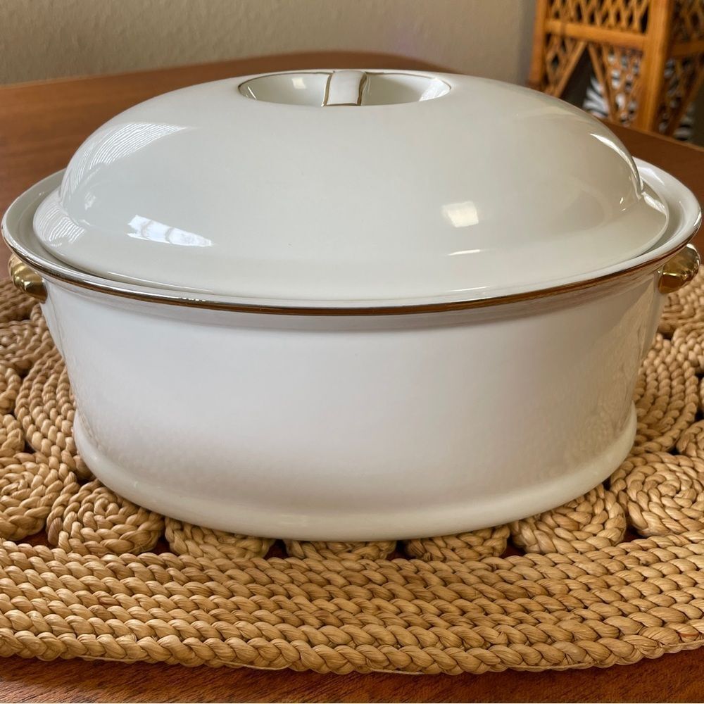 Andrea By Sadek White Porcelain Covered Casserole with Gold Trim